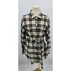 Zara Plaid Earthy Minimalist Tie-Waist Shirt Jacket w/ Frayed Hem